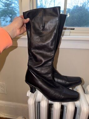 la canadienne vintage knee high black leather boots kitten heel square toe